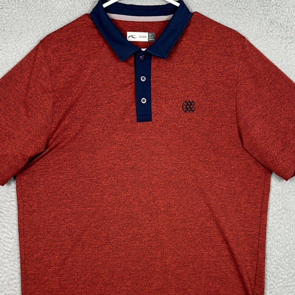 KJUS Polo Shirt Mens Medium Red Heathered Navy Collar Stretch Short Sleeve Rugby